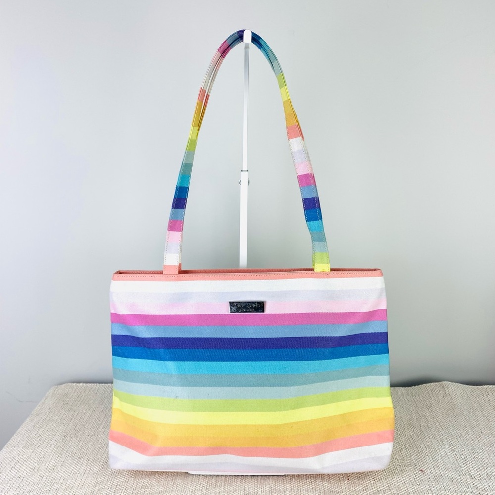 Kate Spade Style rainbow colors striped fabric lined tote shoulder bag